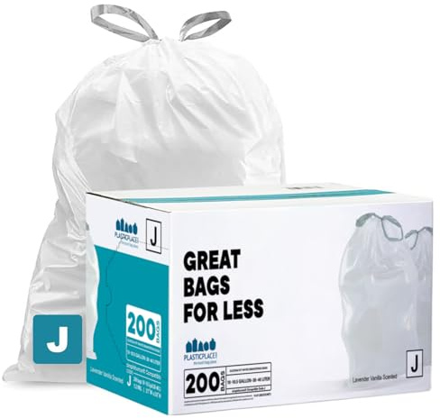 Plasticplace Bolsas de basura con cordón blanco con aroma a lavanda y vainilla suave │ Compatible con código J (200 unidades) │ 10-10.5 galones/38-40 litros │ 21 x 28 pulgadas