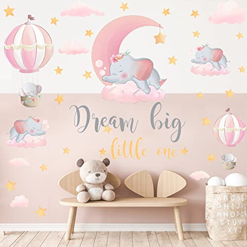KAIRNE Rosa Babyzimmer Wandsticker,Baby Elefant Wandtattoo,Wandtattoo Kinderzimmer Mädchen,Heißluftballon Wandaufkleber,Tiere Kinder Warme Zitate Wandsticker Mädchen Schlafzimmer Wanddeko Geschenk