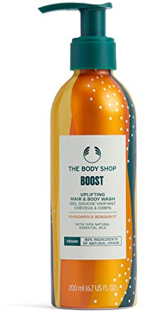 The Body Shop Körper- und Haarreinigungsgel Stimulierung BOOST Mandarine und Bergamotte Olivenöl gibt Energie Citrus Vegane Badekosmetik Flasche 200 ml