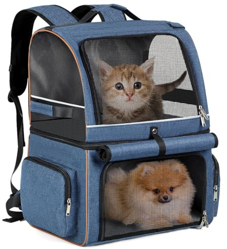 Lekespring Mochila Gatos de Doble Capa para 2 Gatos | Mochila Grande para Perros,Mochila Transportin Gato para Mascotas Plegable - para Perros y Gatos de hasta 11 kg - Azul