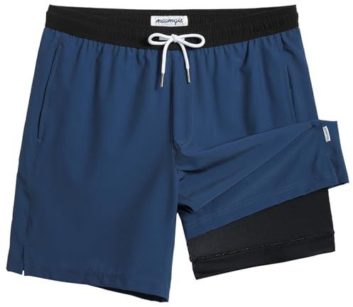 maamgic Mens Swim Trunks with Compression Liner 7 Inch Inseam Mens Bathing Suit Quick Dry Swimming Trunks Swimsuit Blue Grey and Black Large