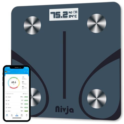 Nivja Scales for Body Weight, Digital Weighing Scales with Bluetooth Connectivity, Smart Bathroom Scales for Body Fat, Bone, Muscle Mass Composition Analysis, Precise and Reliable
