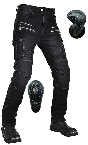 SHAIYOU Pantalon de Moto pour Homme, Jeans de Moto D'hiver Protecteurs en Kevlar, Anti-chute, en Polaire épaisse, à Poches Multiples, Avec 4 Armures Amovibles Améliorées (Black,XL)