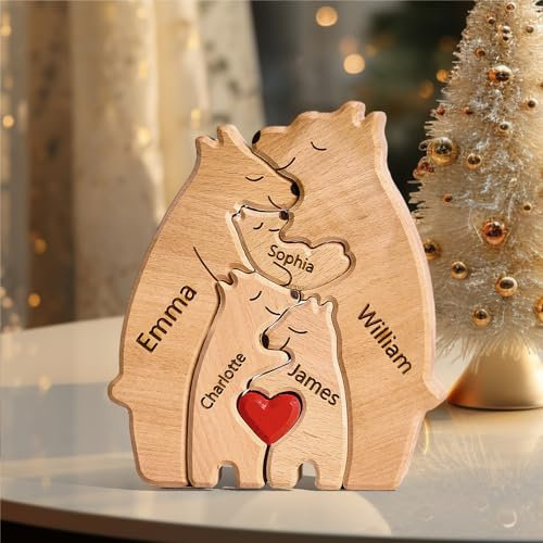 Personalisierte Holz Bär Puzzle mit 2-10 Namen, Individuelle Familiennamen Skulpturen, Personalisierte Weihnachten Geburtstage Home Dekoration Geschenke（5 Namen）