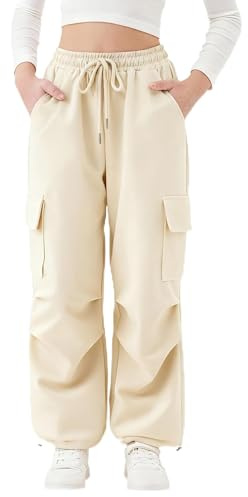 Rolanko Pantaloni Sportivi da Ragazza, con Elastico in Vita Pantaloni da Jogging Attivi Unisex con Tasche Cargo, Albicocca, 11-12 Anni, 160