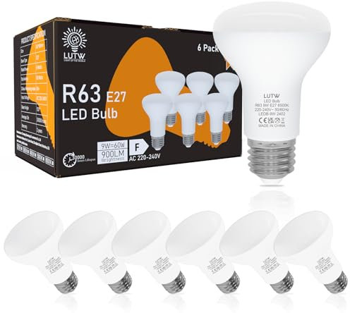 LUTW R63 Reflector E27 LED Bulb, 9W E27 Screw Bulb Cool White 6500K, Equivalent 60W R63 LED Spotlight Bulbs, 900LM 120° Beam Angle Energy Saving Light Bulbs, Non-Dimmable, Pack of 6