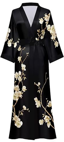 EORUBE Long Kimono Robe Women Cover Up Print Floral Satin Sleepwear Silky Bathrobe Bachelorette Robe (Black - Magnolia)
