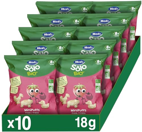 Hero Solo Bio, Snack Mini Puff alla Fragola 100% biologico, Senza Additivi, Non Fritti - 10 Confezioni da 18 gr