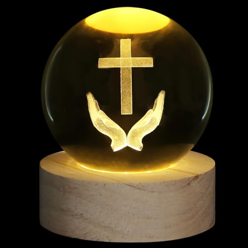 XIANNVXI 3D Cross Crystal Ball Cross Paperweight,Religious Gifts | 60mm Luminous Glass Ball,Crucifix Paperweight,Baptism Catholic Jesus Christian Gifts for Women Men,Easter Ornament Decor