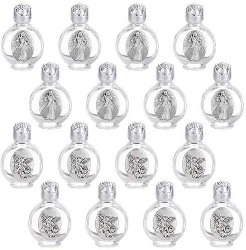 WEBEEDY 16 botellas de vidrio para agua bendita de 15 ml vacíos en relieve, botellas de bendición de la iglesia con tapa, regalos portátiles de iglesia para Pascua 2 estilos