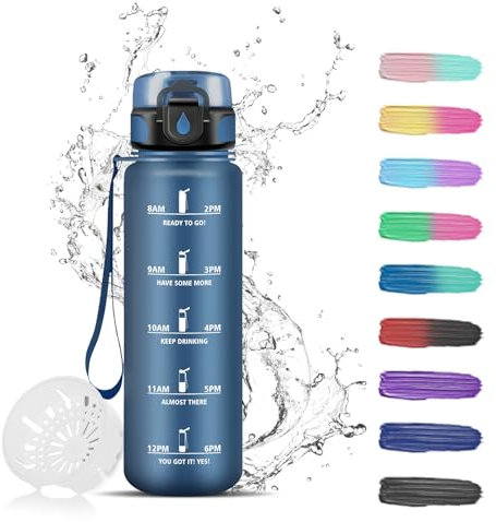 Botella Agua, 500ml Botella Agua Niños, Botella de Agua Deportiva, Botella Agua Niña con Filtro, Botella de Agua con Marca de Tiempo, Cantimplora para Escuela, Acampar, Deportes, Viajar, Azul oscuro