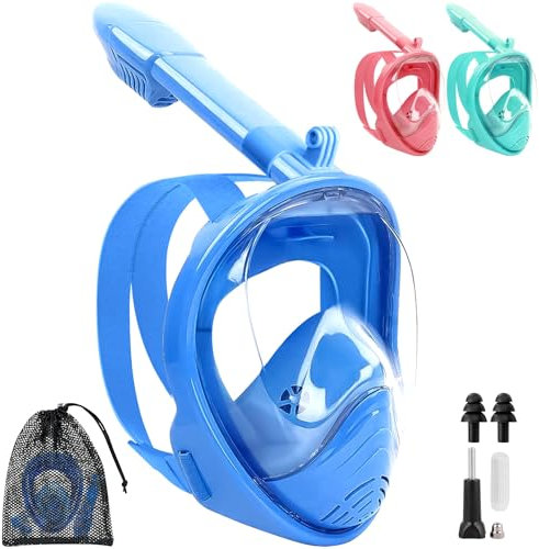 SaiXuan Schnorchelmaske XS für Kinder – 180° Tauchermaske mit Trockenatmungssystem, Anti-Fog & Anti-Leck, mit Tragetasche, Kamera-Halterung & Zubehör – Taucherbrille für Jungen & Mädchen (Blau)