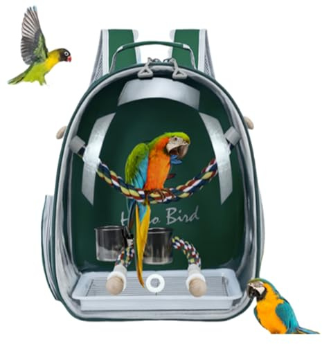 Bird Traval Carrier Cage, Multi Vent Holes Clear Space Capsule Astronaut Backpack to Carry Parakeet Cockatiel Parrot with Metal Tray Wood Perch, Vet Transport Book Bag (Green)