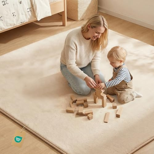 Alfombra Bebe Gruesa, Alfombra Bebe Acolchada con Relleno De Esponja y Franela, Alfombras Juegos Bebes Antideslizante, Tapete Bebe Actividades de Fácil Cuidado, Regalo para Bebes (Beige, 150*200)
