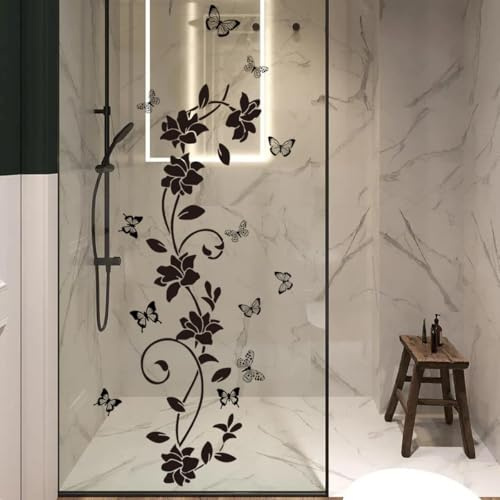 Runtoo Wandaufkleber, Motiv: schwarze Blumenranken, Antikollision, Fensteraufkleber, Schmetterling, Glastür, Wanddekoration für Badezimmer, Wohnzimmer, Schlafzimmer, Kinderzimmer, Büro, Dekoration