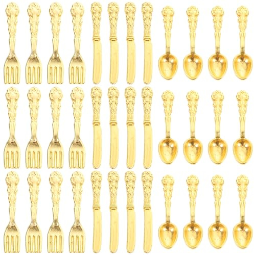KICHOUSE Set 36 Pezzi Mini Posate in Lega per Casa delle Bambole Stoviglie in Miniatura Dorate Accessori Cucina in Miniatura per Giochi e Decorazioni Mobili