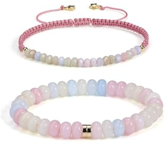 CrystalTears Morganite Crystal Beaded Bracelets for Women, Stackable 2pcs Pink Healing Gemstone Bracelets with Stretch Bracelet and Braided Bracelet Summer Beach Jewellery Gifts for Women Her Friends