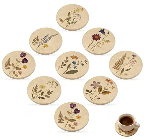 Lot De 9 sous-Verres Ronds en Bois, Dessous-De-Verre Réutilisables pour Verres Et Tasses, Design Floral Et Vitré Coloré, Décoration D’intérieur Idéale pour Maison, Bureau, Bar Et Été