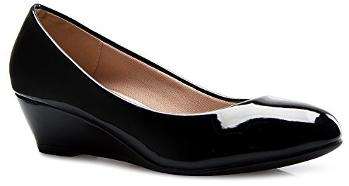 Olivia K Women's Close Round Toe Low Wedge Glitter Rhinestone Comfort, Black Patent, 3 UK