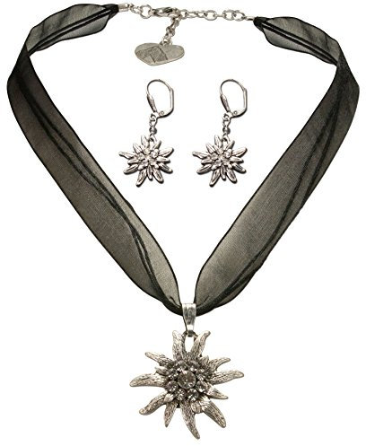 Alpenflüstern Trachtenschmuck-Set Organza-Trachtenkette und Ohrhänger Strass-Edelweiß - Damen-Trachten-Schmuck, Trachtenset Dirndl-Kette und Trachten-Ohrringe schwarz SET019