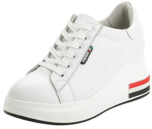 ANUFER sneakers för kvinnor hög plattform dold kilklack snörning mode träningsskor sportskor, Vitt, 37 EU