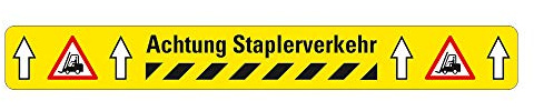 AnTina TAPES® Warnmarkierung Achtung Staplerverkehr als Sicherheitsmarkierung, stark selbstklebend, Anti-Rutsch Bodenmarkierung R10 (Achtung Staplerverkehr 75 mm x 600 mm, Gelb)