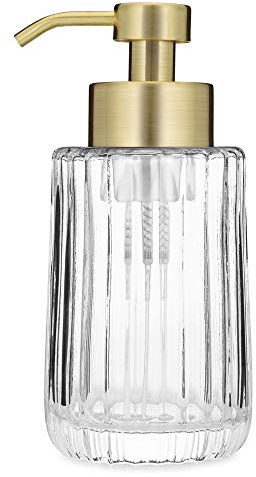 Flora Fluted Foaming Soap Dispenser | Modern Glass Refillable Foaming Soap Dispenser Pump Bottle for Bathroom Vanity Countertop, Kitchen Sink - Save on Soap - Vintage-Inspired (Gold)