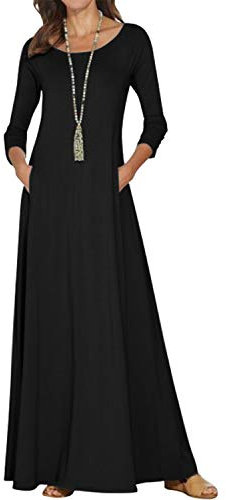 Jacansi Floor Length Long Sleeve Dress for Women Round Neck Maxi Dress Black XL