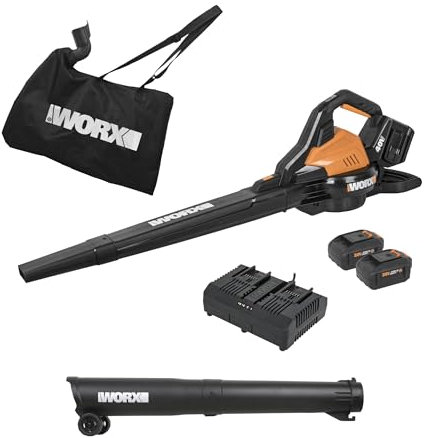 WORX WG583 40V Cordless Leaf Blower, 3 in 1 Blowers for Lawn Care with Vacuum & Mulcher, Electric Blower with Brushless Motor & 2 Speed Control, 2 Batteries & Charger Included