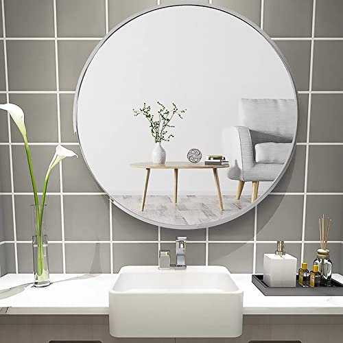 Warmiehomy Rund Spiegel 40cm Silber Wandspiegel mit Metallrahmen & Schrauben Modern Badzimmerspiegel zum Aufhängen für Bad Flur Wohnzimmer Deko