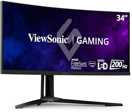 ViewSonic ELITE XG341C-2K 34-inch Ultra-wide QHD Curved Mini LED Gaming Monitor, 200Hz, 1ms MPRT, with HDMI 2.1, AMD FreeSync Premium Pro, USB Type-C, DisplayPort, Integrated Speakers