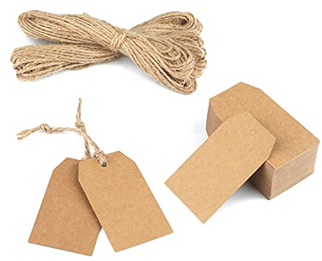 200 piezas Etiquetas de Papel Kraft 7x4cm Etiquetas Regalo con 30 Metros Cuerda de Yute, para Boda Navidad Cumpleaños (Marrón)
