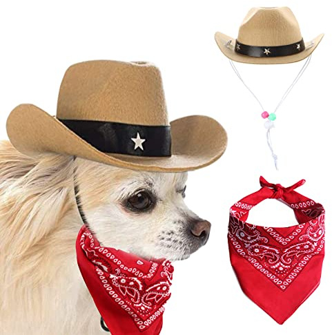 AWOCAN Hund- och kattcowboyhatt och bandana scarf sombrero valphatt kostym cosplay keps husdjur fest dekoration (Khaki)