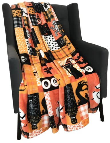 Halloween Fleece Throw Blanket, Patchwork Witch & Haunted House, 50x60 in