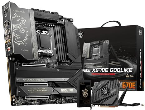 MSI MEG X670E GODLIKE Carte Mère, ATX - pour Processeurs AMD Ryzen Série 9000, AM5-24 Duet Rail Power Stage 150A, DDR5 Memory Boost 6666+MHz/OC, 3 x PCIe 5.0 x16, 2 M.2 Gen5, Wi-FI 6E, 10G LAN