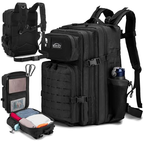 BAGZY Sac à dos Tactique Militaire 45L Sac Crossfit Etanche Sacs à Dos de Randonné Pour Urgences De 3 Jours Chasse Camping Oxford Sacs de Sport 50x30x30cm Wizzair pour Gym Fitness Hommes Femmes Noir