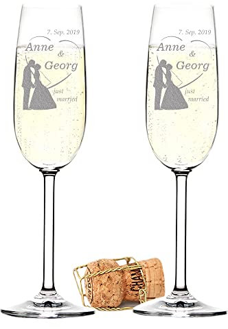 Lot de 2 Verres à Champagne avec Gravure - Cadeau d'anniversaire de Mariage pour Les Jeunes mariés - pour Mousseux, Champagne et Prosecco - Décoration personnalisée avec nom et Date