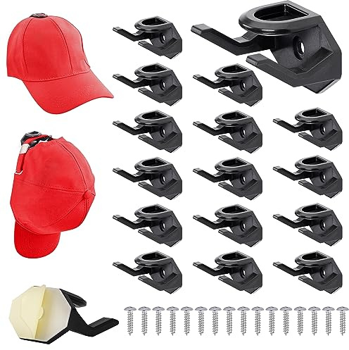BELLE VOUS 16 Pack of Black Self-Adhesive Hat Hooks - Wall-Mounted Display Holders for Baseball Caps & Hats - Minimalist No Drilling Strong Organiser Rack for Bedroom Wall, Door, Closet or Office
