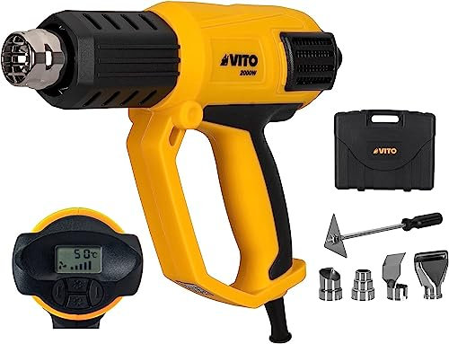 VITO Heißluftpistole 2000 W bis 50 bis 650°C Digital inkl. Vorsatzdüsen-Set im Koffer - 3 Temperatureinstellungen, Heissluftgebläse, Schnelle Erwärmung zum Entlacken, Löten & Schrumpfen - VIPAQD2000