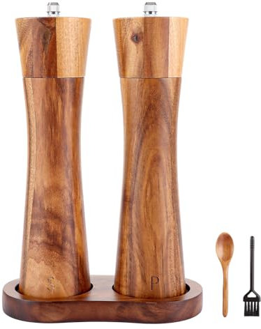DAJAVE PepperMillWood - Macinapepe in legno, 20,5 cm, macinapepe e sale in legno, set con sottobicchiere, macinasale regolabile, macinapepe in legno di acacia