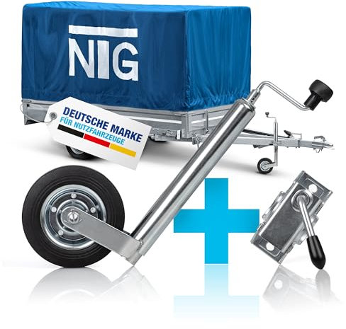 NTG Stützrad für Anhänger | Vollgummireifen | 150kg Stützlast | 46 bis 68 cm höhe | verzinkter Stahl | mit Klemmhalter | Stützrad | Wohnwagen | Anhänger 750kg (Stützrad mit Klemmhalter)