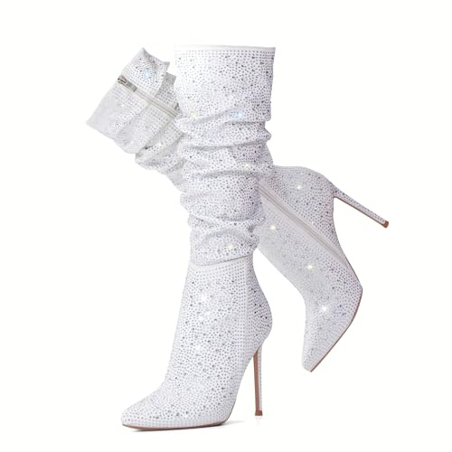 Zhabtuc Bottes hautes pour femme en faux daim, talon aiguille de 10 cm, bout pointu, bottes hautes avec fermeture éclair latérale, chaussures élégantes, Strass argenté, 37 EU