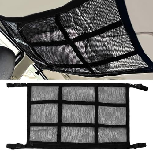 PYEUIFT Red Almacenamiento Universal para Techo de Coche,Organizador de Red de Almacenamiento de Poliéster 90 * 65cm Mantas y Cremalleras, Grandes Accesorios para Viajes Largos por Carretera.