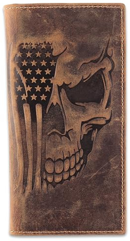 F&L CLASSIC Men's RFID Vintage Look Genuine Leather Long Bifold Wallet Checkbook Wallets,brown flag skull,240-103