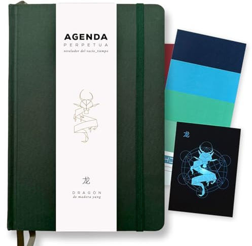 Agenda sin Fecha A5 – Planificador Perpetuo Zen/Mindfulness, Semanal y Mensual, sirve p/todos los años, Tapa Dura, Banda Elástica, Papel FSC 100g Ecológico, con Stickers – Color Verde.