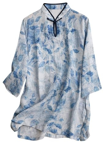 Camicie Tradizionali Cinesi da Donna - Camicia Estiva in Lino con Colletto Mandarino e Bottoni a Forma di Rana, Top a Tunic Floreale Retrò per la Pratica del Tai Chi, Abbigliamento Casual per l'Uso