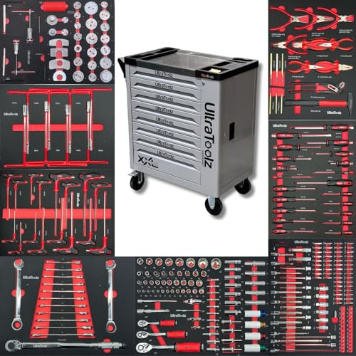 Ultratoolz Werkstattwagen 8/8 befüllt – Werkzeugwagen mit 8 Schubladen & 8 Fächern, inkl. 249-tlg. Werkzeugsortiment – Rollwagen Werkzeugkiste mit Zentralverriegelung & Schwerlastrollen