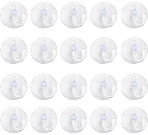 KRENIE Small Suction Cup Hooks for Bathroom - 20 Pcs 35mm Clear Window Suction Hooks with Plastic Hangers – Max Load 2KG - Wall Door Tile Glass Hangers for Kitchen Christmas Decor