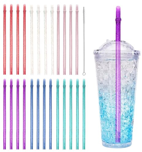SAIIURV 25 Piezas Pajitas Reutilizables de Plástico con Cepillo de Limpieza para Adultos y Niños, 31,5 cm Transparentes Coloridas Pajitas Largas Brillantes de Duro de Repuesto para Fiestas Festivales
