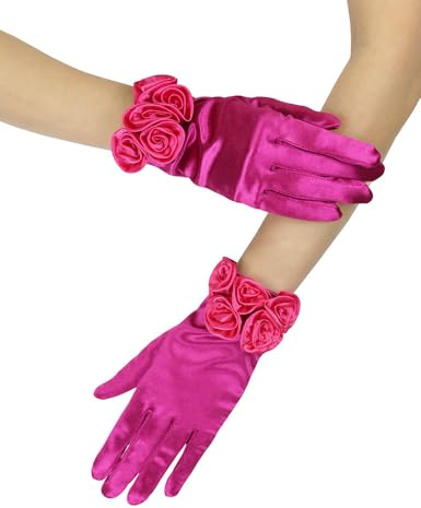 Goiruiya Short Satin Floral Gloves Elegant Wedding Dress Gloves for Opera Dinner Party Accessories Fuchsia